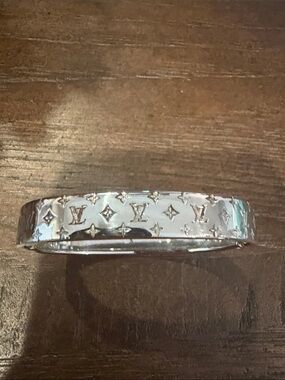 Louis Vuitton Silver Monogram Engraved Bangle Bracelet